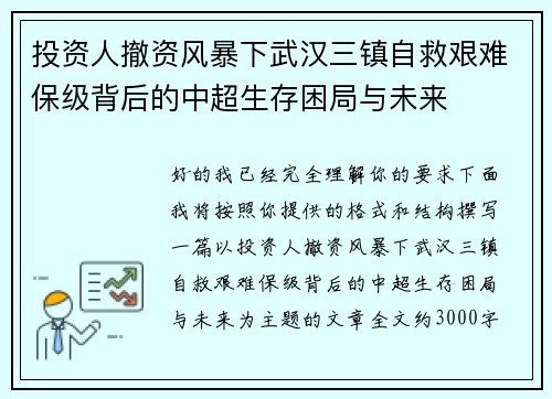 投资人撤资风暴下武汉三镇自救艰难保级背后的中超生存困局与未来